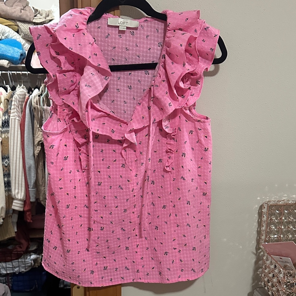 LOFT Pink Ruffle Tie-Neck Sleeveless Blouse